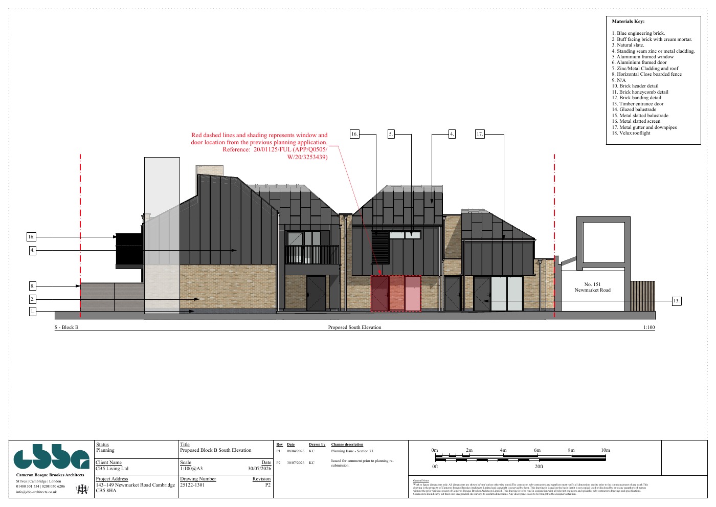Full revised Block B south elevation, CBB Architects, 30 July 2026